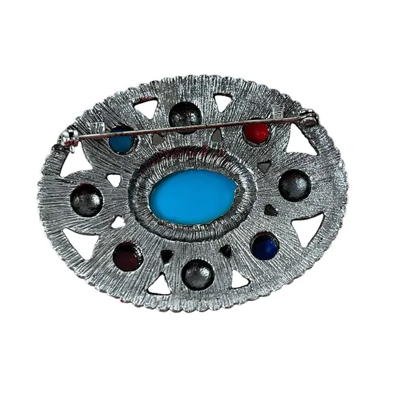 VTG Southwest Look Silver Toned Faux Turquoise Coral Red Blue Stoned Brooch Pin - Image 2