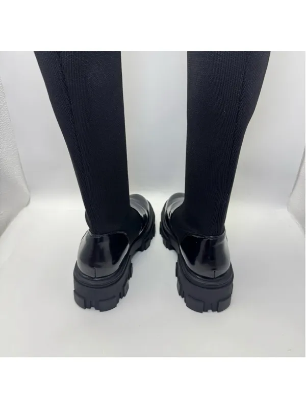 ASOS DESIGN Kimmy Chunky Flat Lug Sole Over The Knee Pull-On Boots Black Size 8 - Image 4