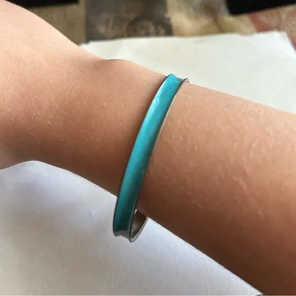 3/$20 Smooth Teal Blue and Gold Tone Thin Bangle Bracelet - Image 2