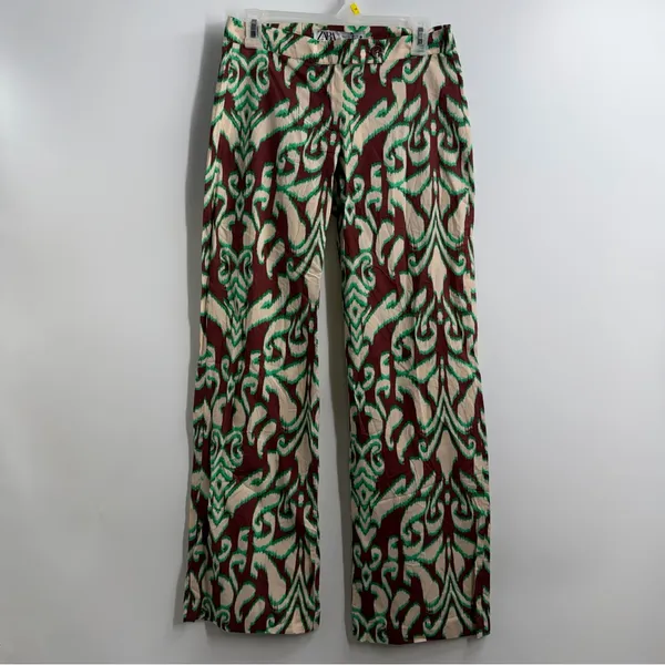 Zara Selena Printed Pants Womens XS Green Brown Wide Leg Cotton NWT - Image 2