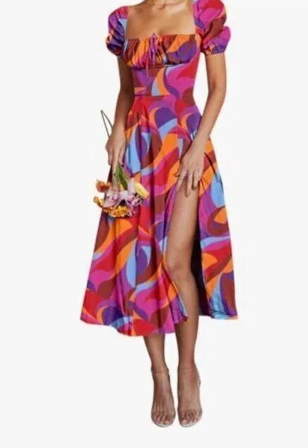 NEW Puff Sleeve Midi Square Neck Cottagecore Dress L - Image 5
