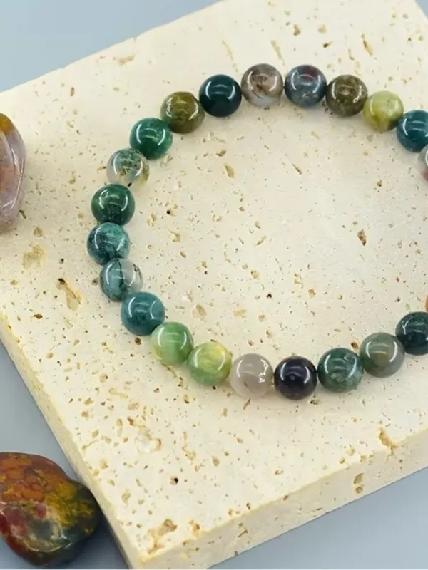 Polished Green Moss Agate Bead Bracelet and Tumbled Stone Set - Image 3