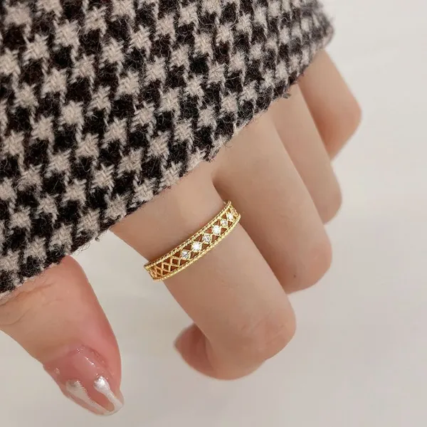 14k Gold Plated S925‎ Hollow Simulated Diamond Ring, Adjustable - Image 7