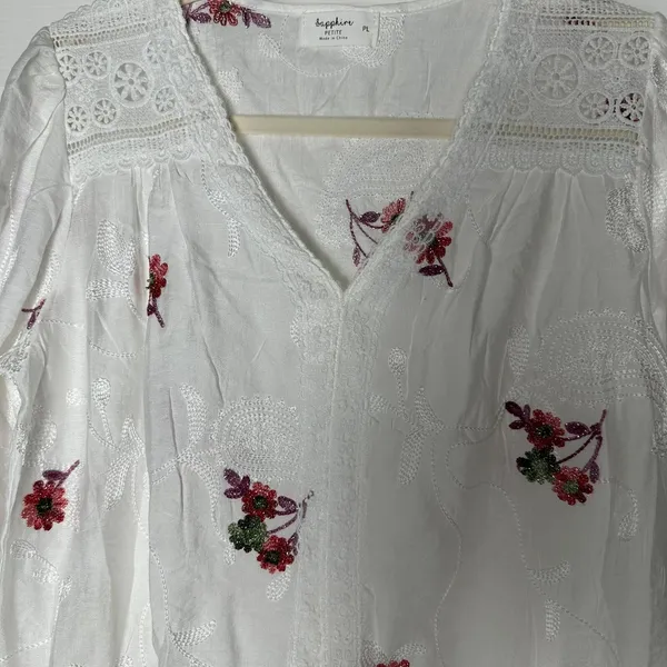 Sapphire‎ Size-PL Boho Floral Embroidered Lace Peasant Blouse White - Image 6