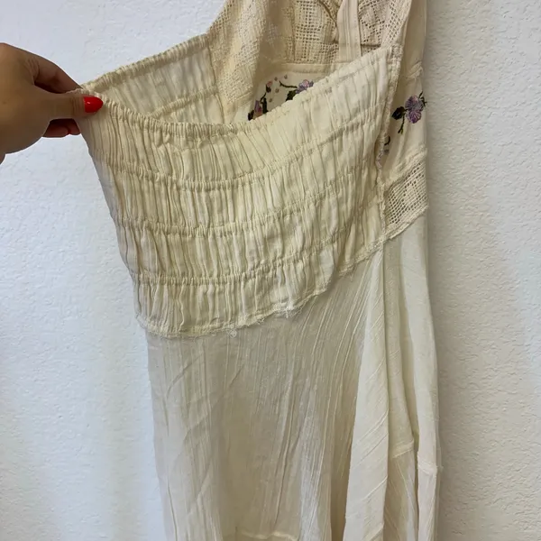 Vintage 1960s Handmade Embroidered Gauze Halter Maxi Dress Hippie Folk - Image 5