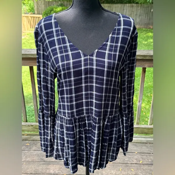 Maurices Navy Checkered Blouse with Flared Sleeves medium - Image 6