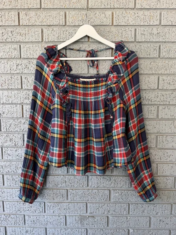 Free People Siena Plaid Pullover Shirt Ruffle Navy Blue Red Size XS Peasant - Image 4