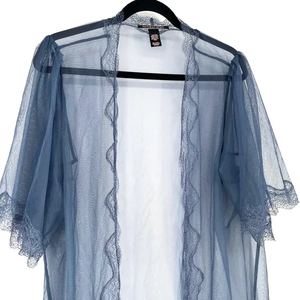 Victoria's Secret Sheer Mesh Lace Kimono Robe Slate Blue Open Front M/L - Image 9
