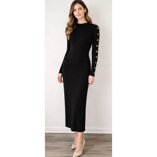 Pashmina Black Long Button Lined Sleeve Body Contouring Long Sleeve Dress. XS - Image 2