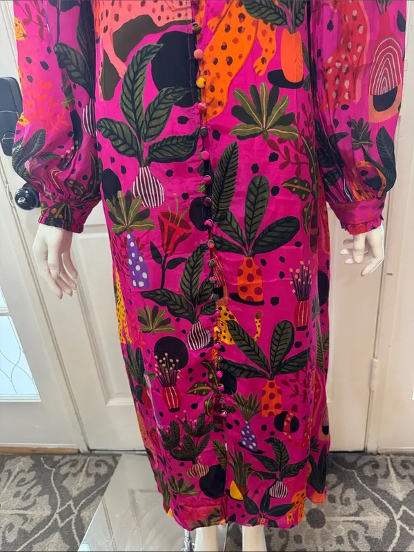 Farm Rio Jungle Print Maxi Dress Womens Pink Leopard Monkey Long Sleeve Sz S - Image 6