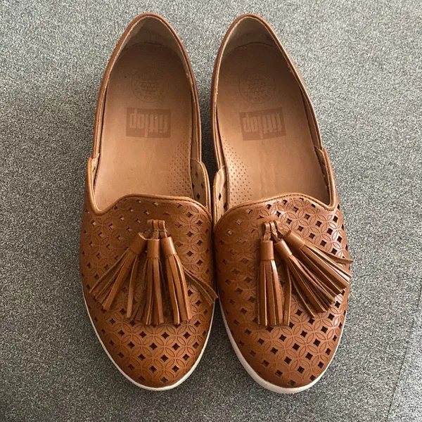 Caramel Brown Latticed Leather Tassel Loafers Flats US 5 - Image 2