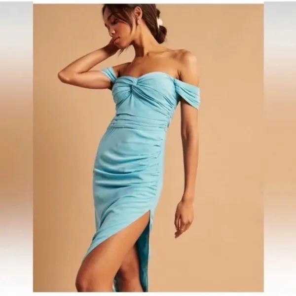 Abercrombie Off Shoulder Ruched Midi Dress Blue NWT Large - Image 2