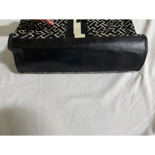 Tommy Hilfiger Monogram Tote Bag Black White Geometric Stripe Gold Buckle Charm - Image 4