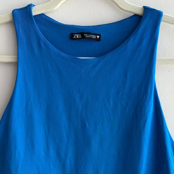 ZARA Bright Blue Highneck Racerback Tank Bodysuit, Size Large - Image 2