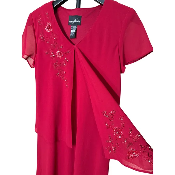 Positive Attitude Red Beaded Floral Embroidered Layered‎ Maxi Dress Size 6 - Image 3