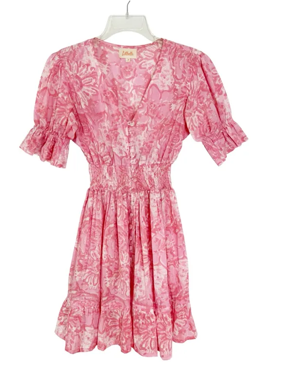 Lilbelle Pink Floral Smocked Waist Mini Dress Ruffle Sleeve Small - Image 3