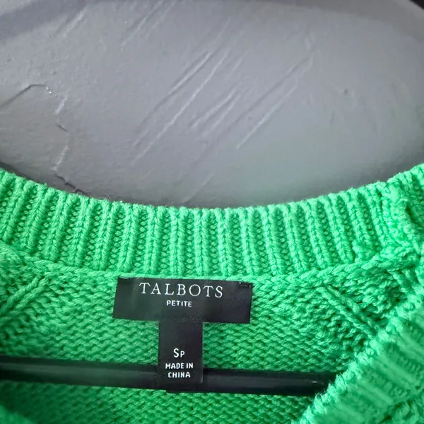 Talbots Petite Small Kelly Green Cable Knit Sweater Diamond Crewneck Preppy‎ - Image 8