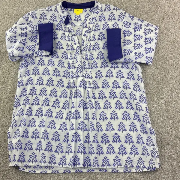 Roberta Roller Rabbit Cotton Tunic Top Blue Block Print Boho Beach Resort M‎ - Image 3