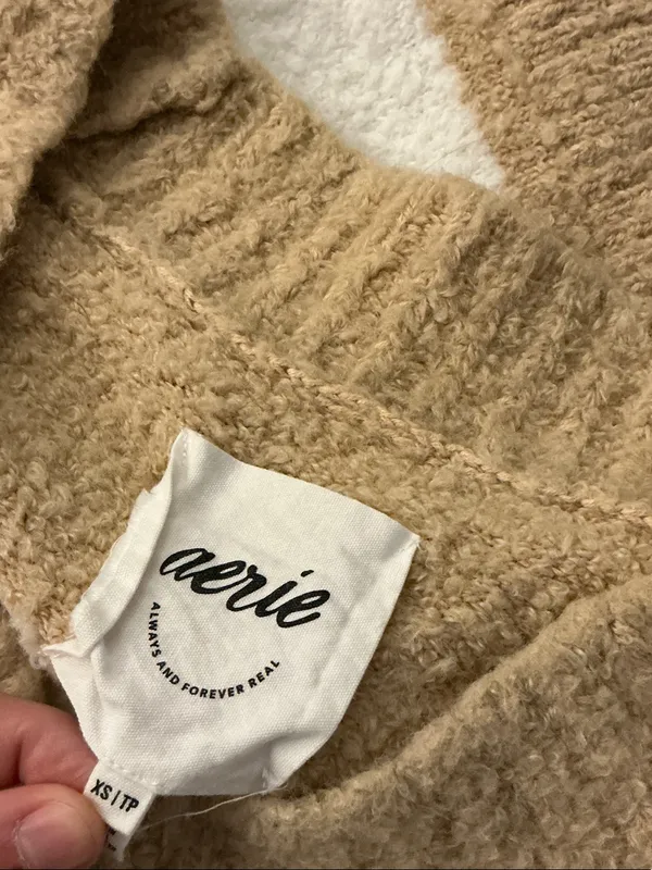 Aerie Cozy V-Neck Striped Sweater in Cream & Tan Size XS - Image 3