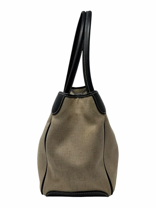 Dooney & Bourke Monogram Canvas Tote Bag Beige Black Leather Shoulder Bag - Image 3