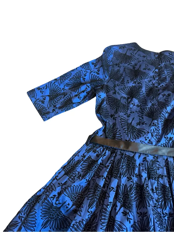 Voodoo Vixen Blue Black Bird Print Belted Fit Flare Midi Dress Medium Women's - Image 11