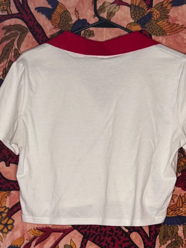 Red and White Chicago Collared Crop Top Size M - Image 2