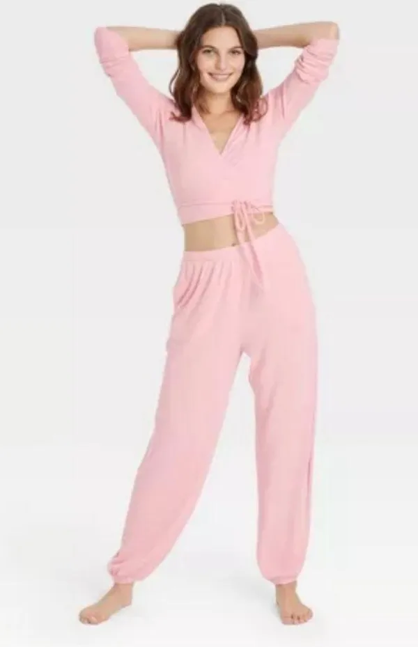 Colsie Balletcore Pink Cozy Wrap Top, Bralette, & Ribbed Jogger Set - size XL - Image 15