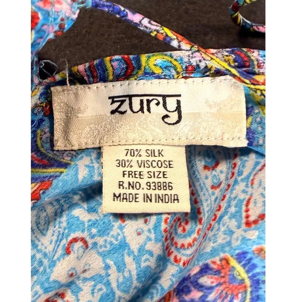 Zury Blue Paisley Silk Blend V-Neck Maxi Dress Ruffle Boho Free Size Kaftan - Image 8