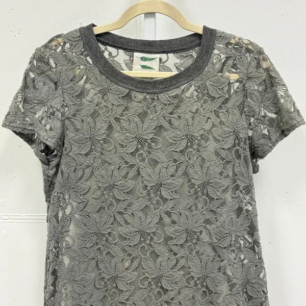 Anthropologie Grey Floral Lace‎ Short Sleeve Tunic Dress Top Medium Sheer Summer - Image 3