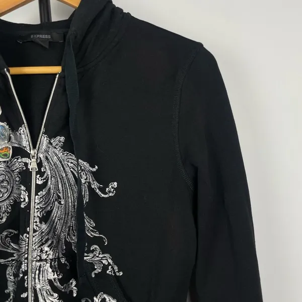Express Black Y2K 2000s‎ Graphic Print Full Zip Cropped Hoodie Sweater - Image 2