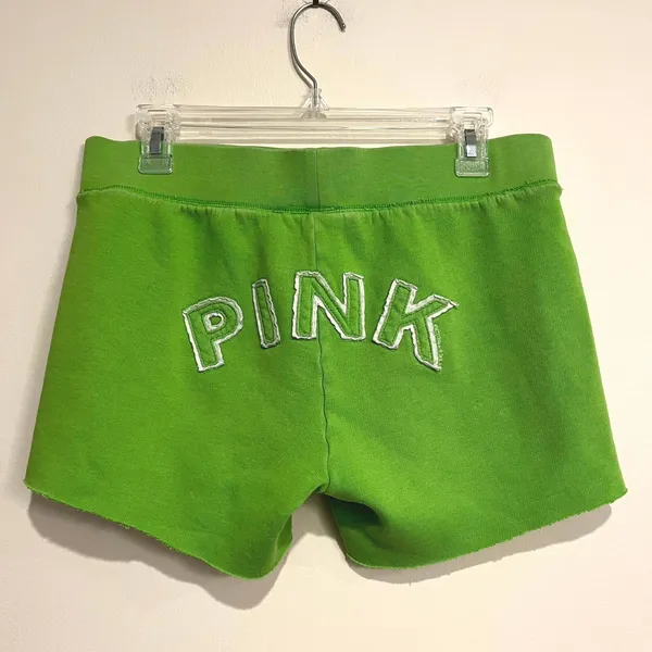 Y2K Victoria's Secret PINK Sweat Shorts Green Logo Cut Off Women Size M - Image 2