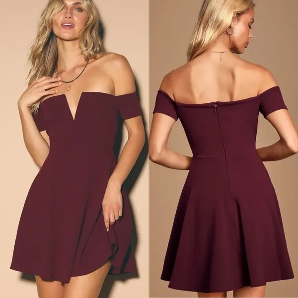 Lulus Play the Party Off-the-Shoulder Skater Dress in Burgundy Size Small‎ - Image 2