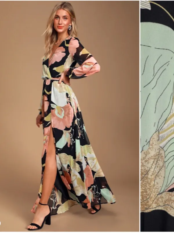 LULU's Floral Sexy Romantic Flowy Floral Wedding Formal Event Satin Maxi Dress - Image 2