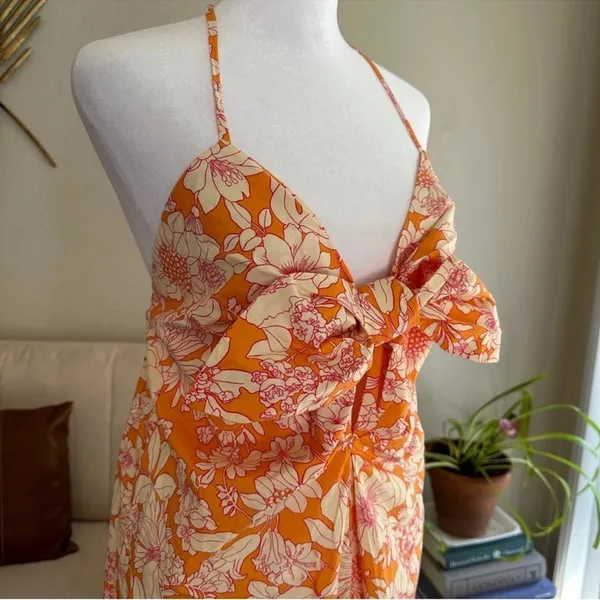 J. CREW Tie Front 100% Cotton Poplin Midi Loose Fit Dress in Orange Floral Small - Image 12