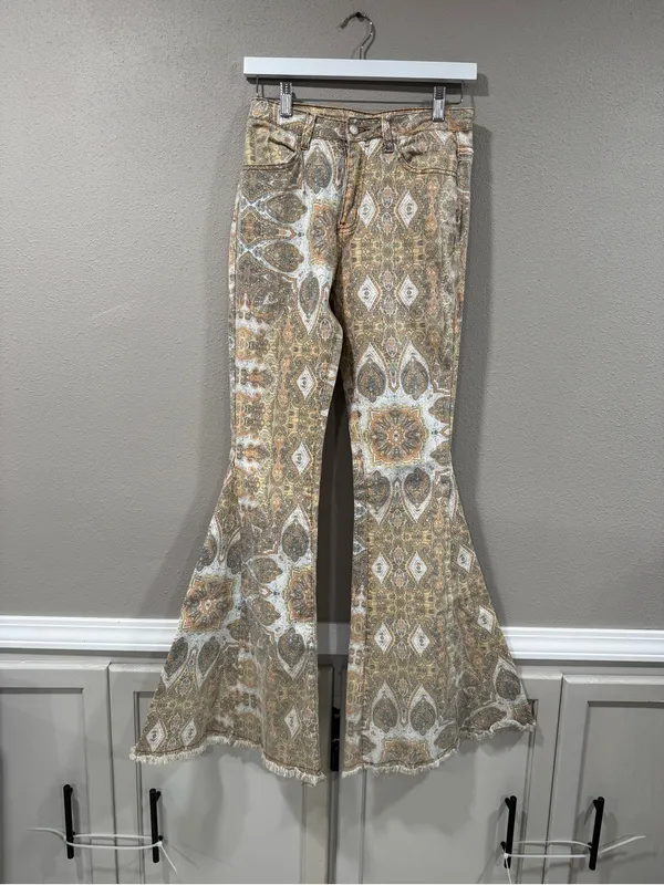 Buckle Saints & Hearts Boho Printed Flare Pants in Neutral Tones - Image 3