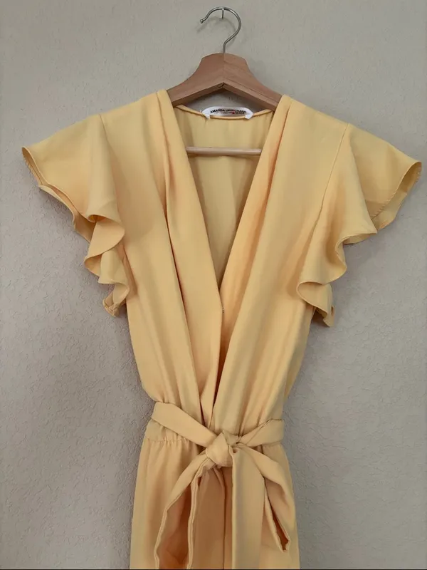 Amanda Uprichard Martinique Yellow Wrap Dress With Flutter Sleeves and Tie Waist - Image 3