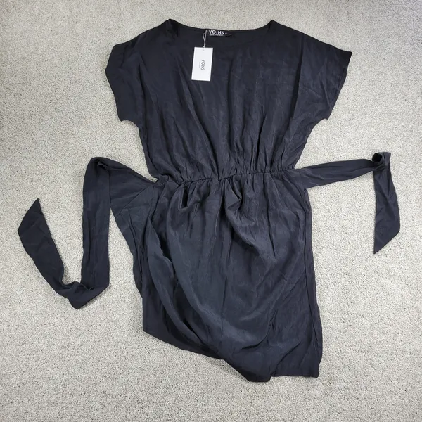 Yoins Womens Wrap Dress Large Black Tie Crewneck Short Sleeve Ruched Mini NEW - Image 11