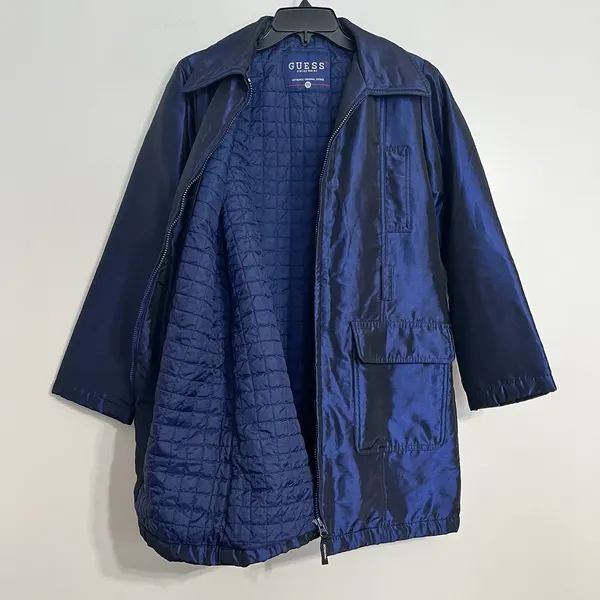 Guess Women's Dark Blue Shiny Long Winter‎ Jacket Size Small Missing Belt - Image 5