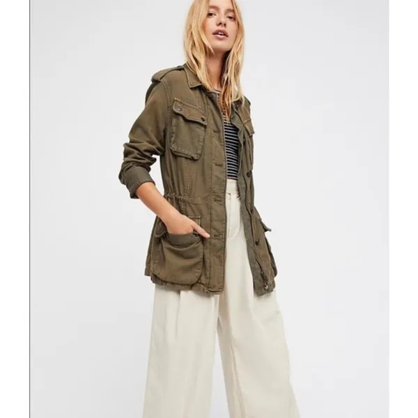 Free People Washed Olive Distressed Surplus Utility Jacket Pink Faded Small - Image 3