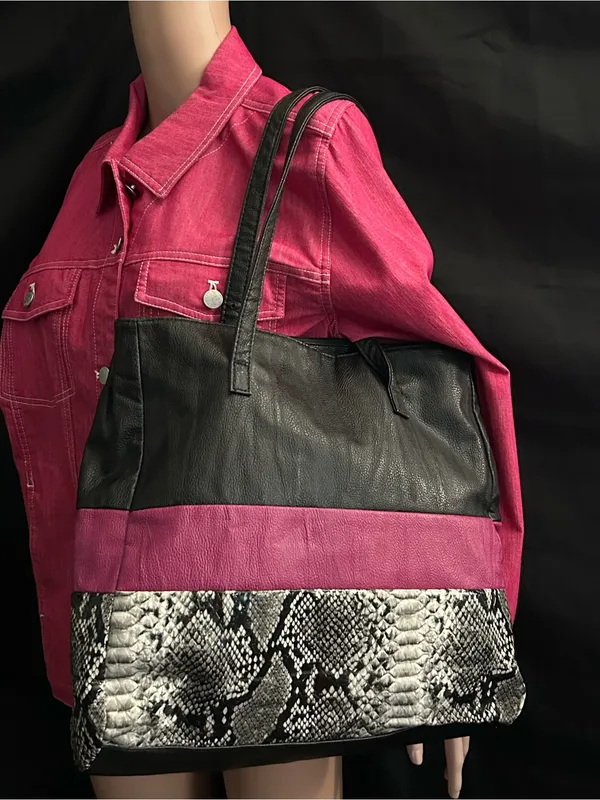 Black & Magenta Snake-Trim Tote Shoulder Bag - Image 3