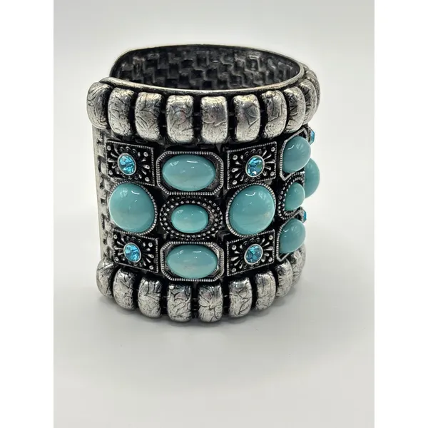 Boho Silver Tone Tuquioise Blue Cabochon Rhinestone Cuff‎ Bracelet Chunky - Image 3
