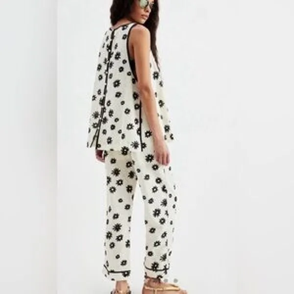 NEW Free People Groovy Daisy Black Floral Cotton Linen 2 Piece Casual Set Size 0 - Image 13