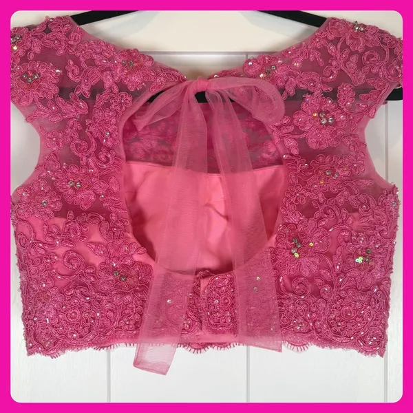 Sherri Hill Pink Lace Sequin Top‎ Open Back Bow Tie Crop Party Evening Cocktail - Image 3