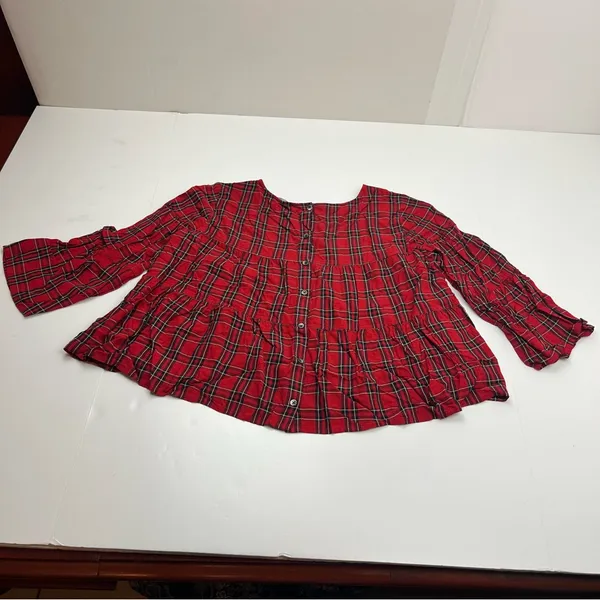 Madewell Red Black Small‎ Tartan Plaid Tiered Button Back Bell Fluted Sleeve Top - Image 12