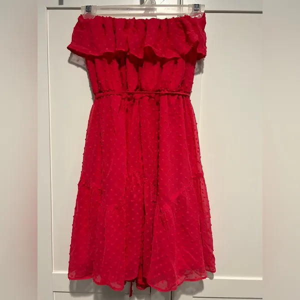 NWOT ASOS DESIGN Ruffle Bandeau Mini Skate Dress With Belt In Textured Hot Pink - Image 5