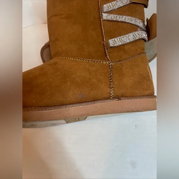 Juicy Couture Kaori Boots Faux Suede Fur Lined Tan/Chestnut Size 9. Ribbons Bows - Image 12