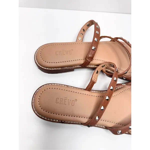Crevo Sandals Size 7‎ Tan Leather Upper Womens Open Toe Spike Details Flats - Image 6
