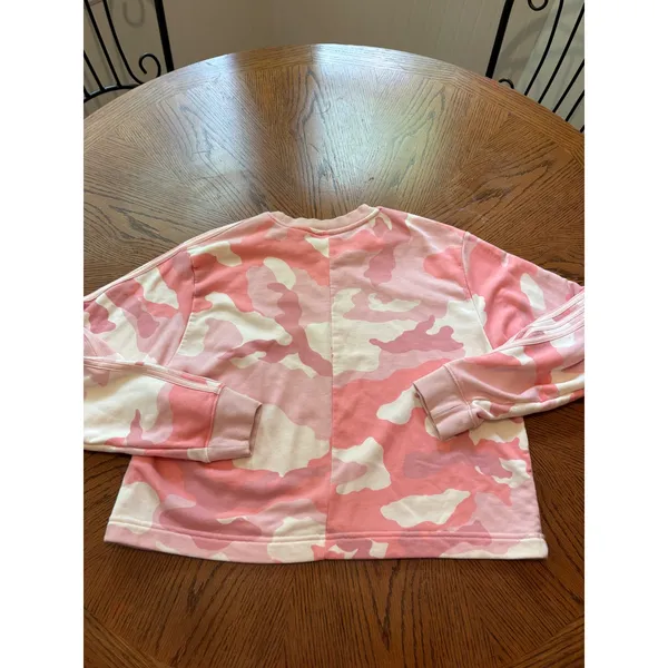 Adidas Womens Pink Camo Cropped Sweatshirt 3-Stripe Pullover Large DA28190 - Image 9