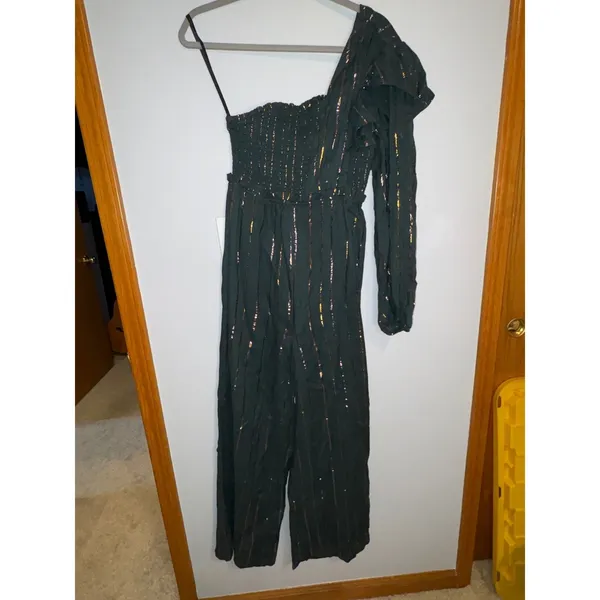Farm Rio Anthropologie Green Metallic Striped One Shoulder Wide Leg Jumpsuit NEW - Image 2