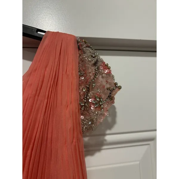 MAC DUGGAL Size 16 Coral Gown Wedding Formal Ball Gown Pleated Bodice Sequins - Image 7